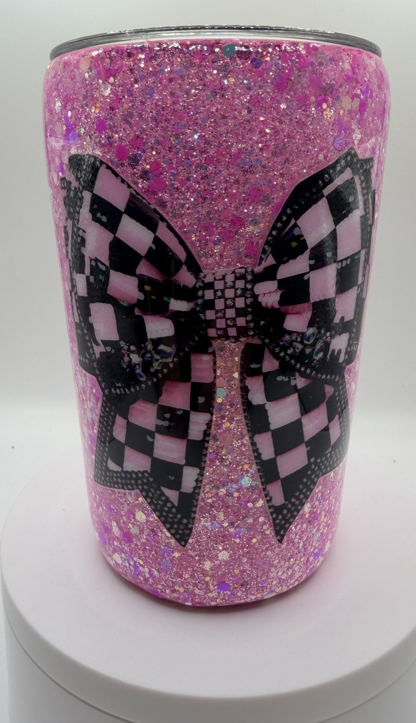 12 OZ BLACK BOW WITH PINK GLITTER TUMBLER