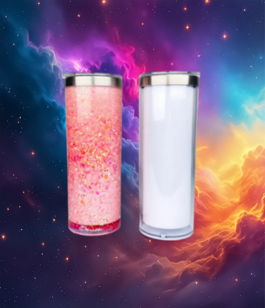 Custom Stainless Steel snow globe tumbler with choice of personalized decals and glitter options