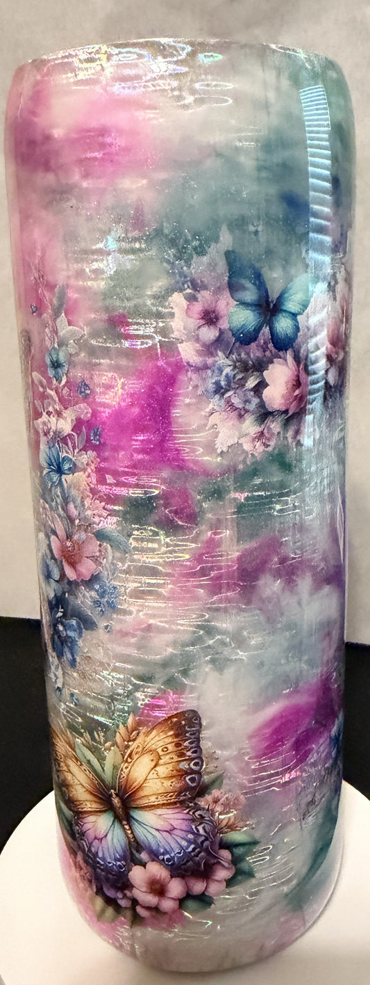 20 OZ BUTTERFLY SILVER,PINK,& TEAL