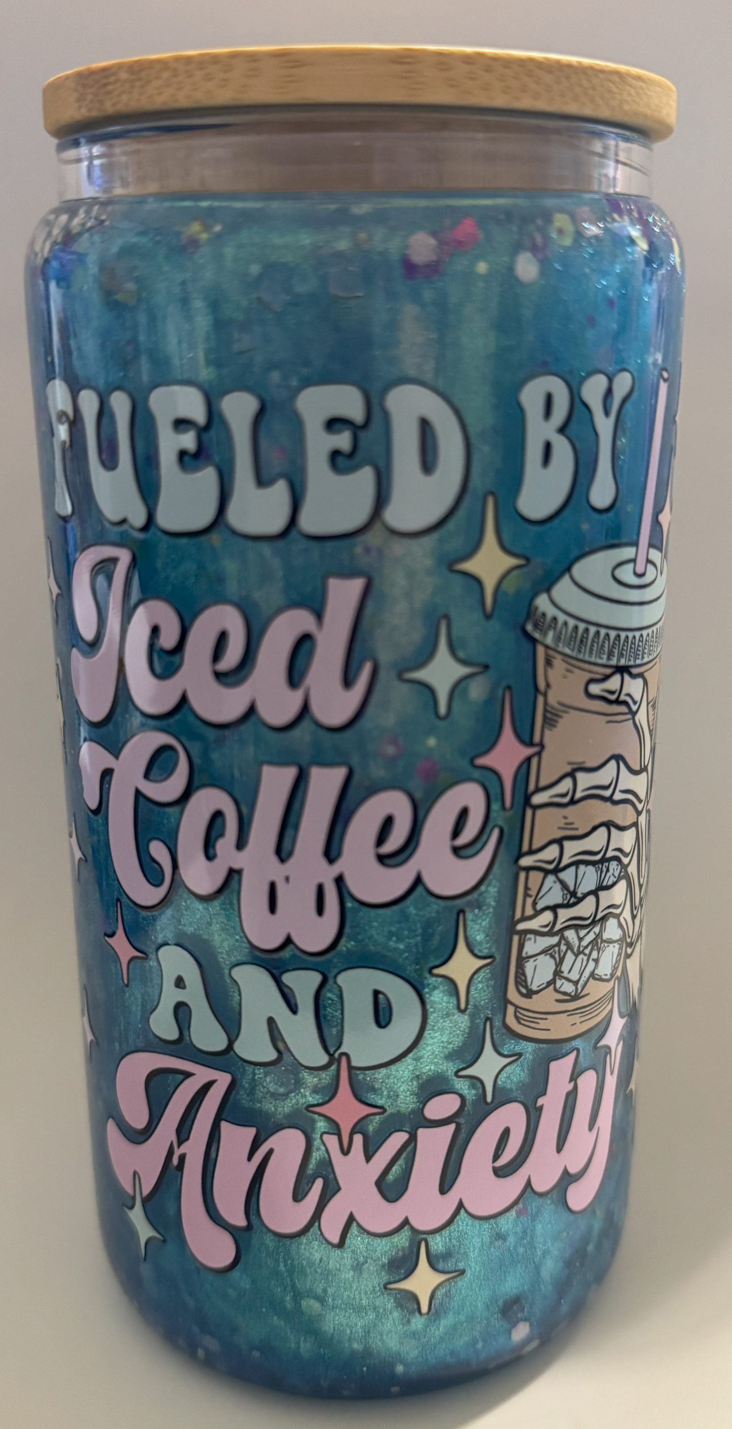 16 OZ GLASS FUELED BY ICED COFFEE AND ANXIETY