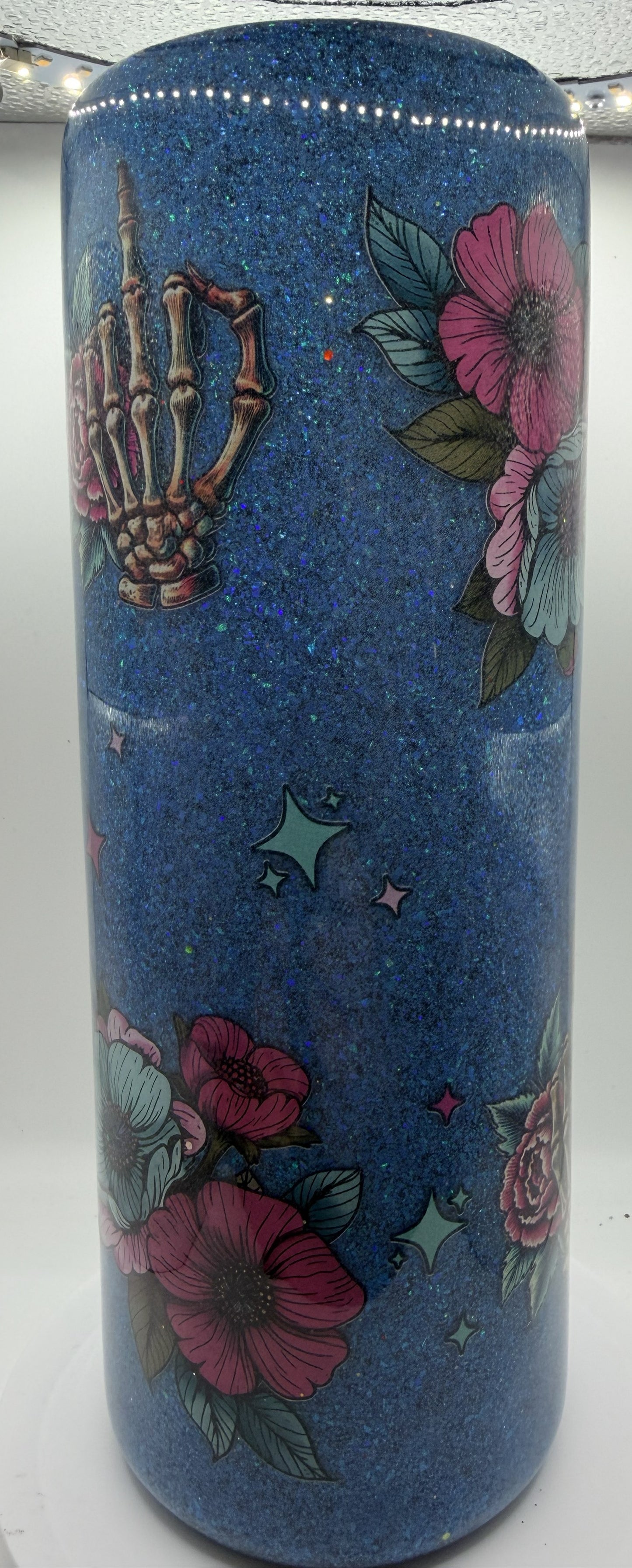 20 OZ CUSTOM EPOXY TUMBLER SKELETON MIDDLE FINGER W FLOWERS