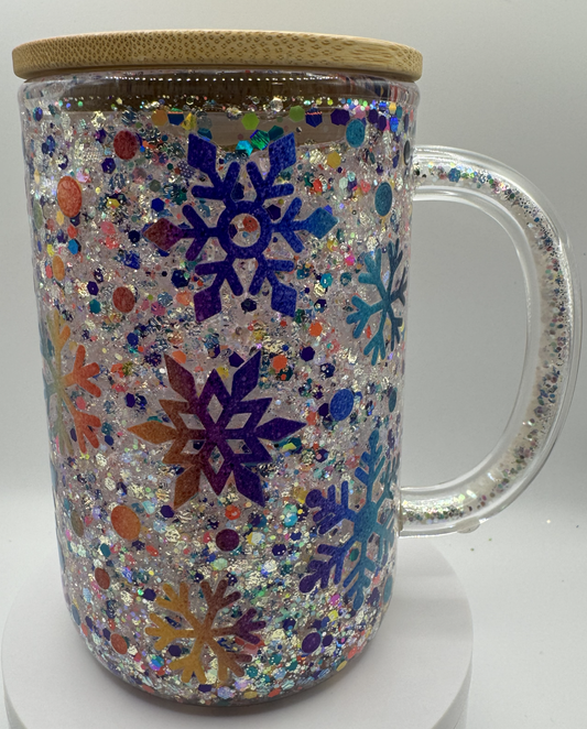 15 OZ GLASS WHITE SHIMMER SNOWFLAKES