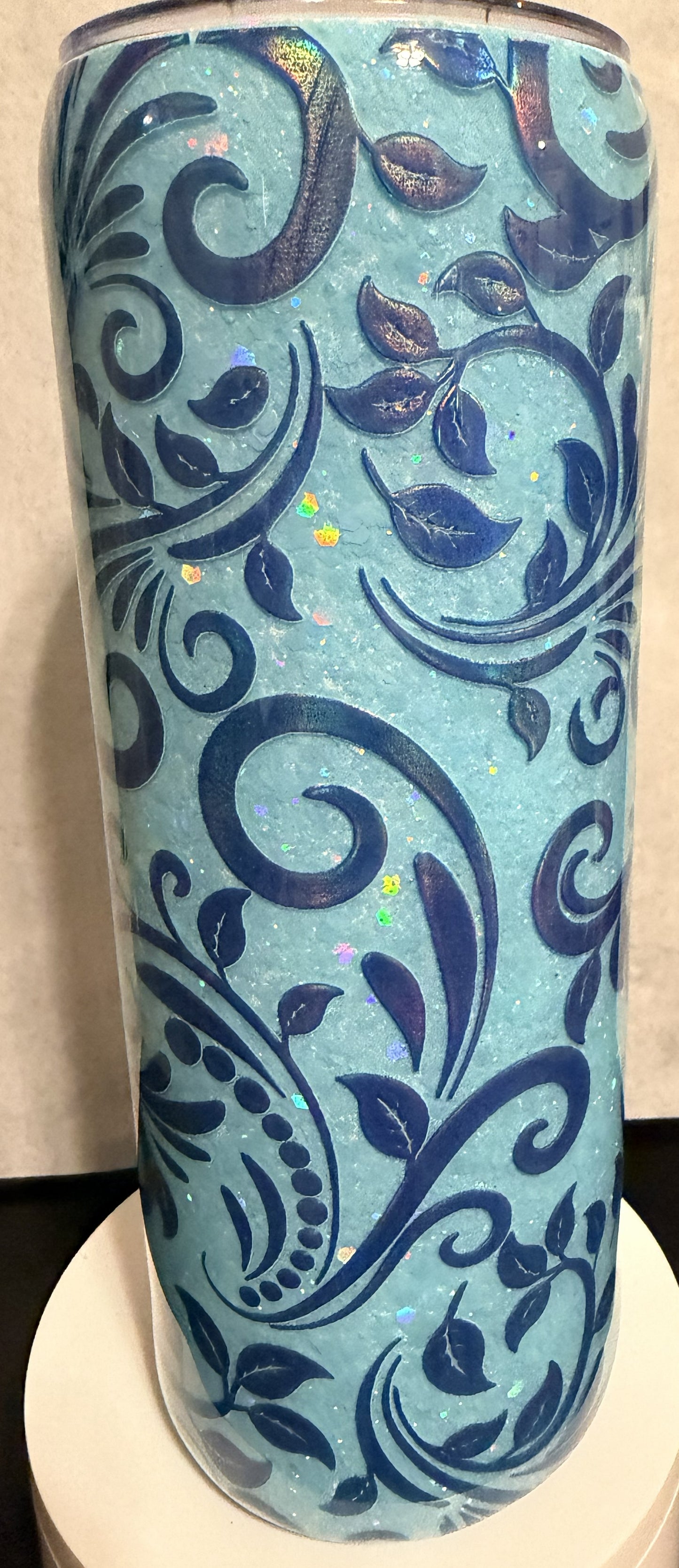20 OZ Light Blue Glitter with full Flower Decal Tumbler