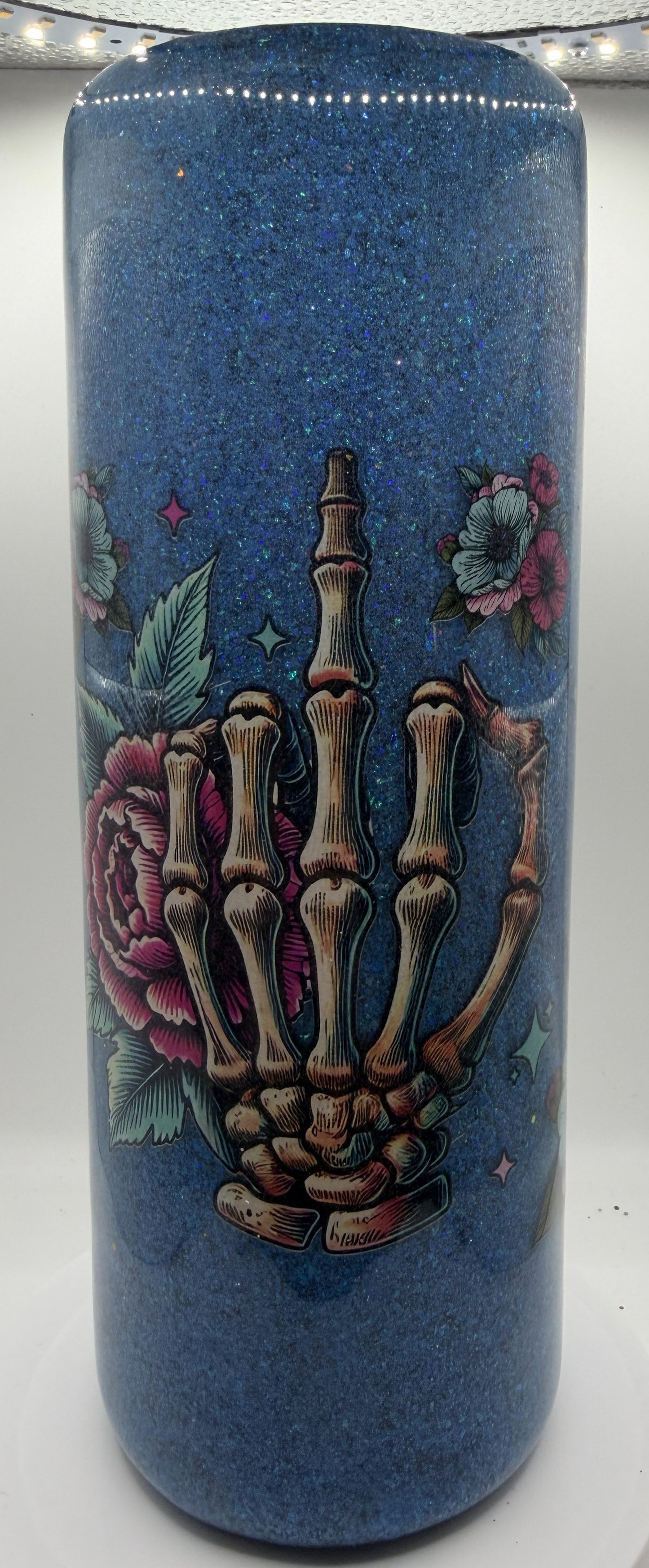 20 OZ CUSTOM EPOXY TUMBLER SKELETON MIDDLE FINGER W FLOWERS